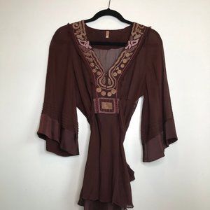 Sheer shirt with Embroidered and bead neck line
